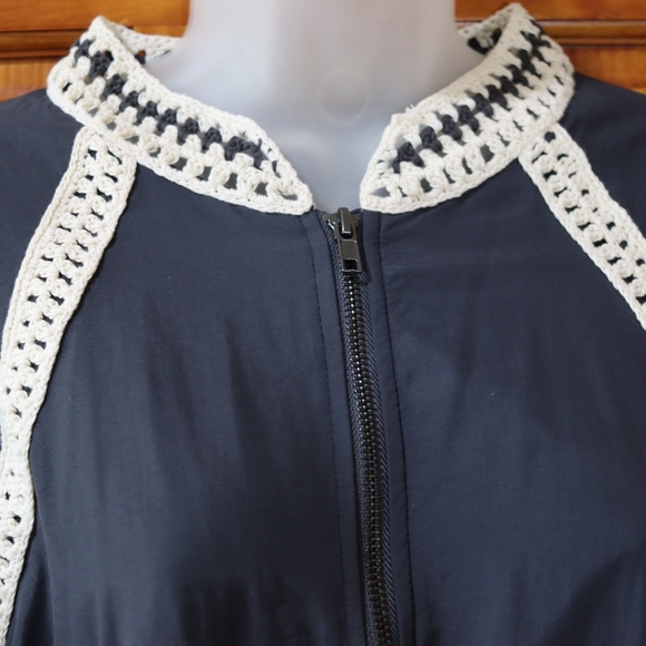 Free People Navy Blue Crochet Trim Zip Front Cropped Bomber Jacket Medium - Picture 4 of 16